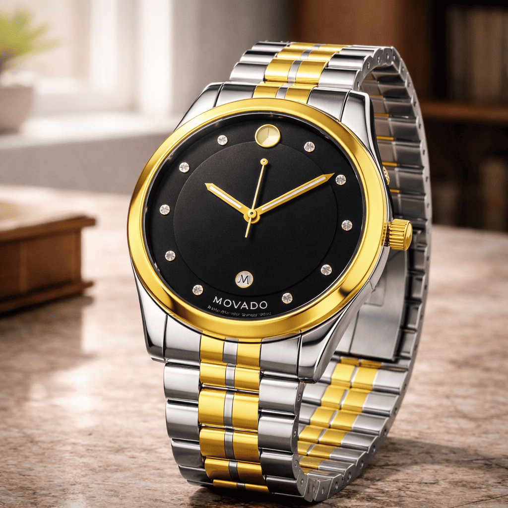 Movado Museum Classic Diamonds Black Dial Two Tone Steel Strap Watch For Men