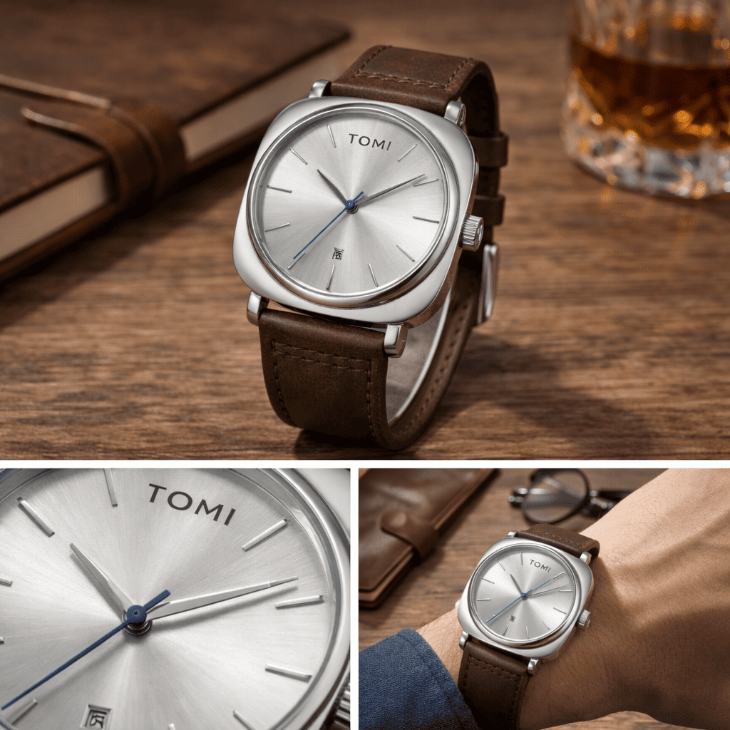 TOMI T-084 Men’s Quartz Watch with White Dial and Leather Strap