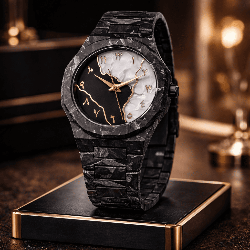 Midnight Black Marble Watch with Black Patterned Strap