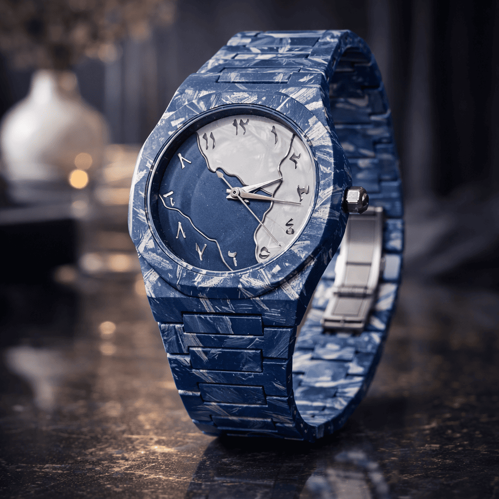 Aura Premium Arabic Numeral Wristwatch with a blue marble pattern