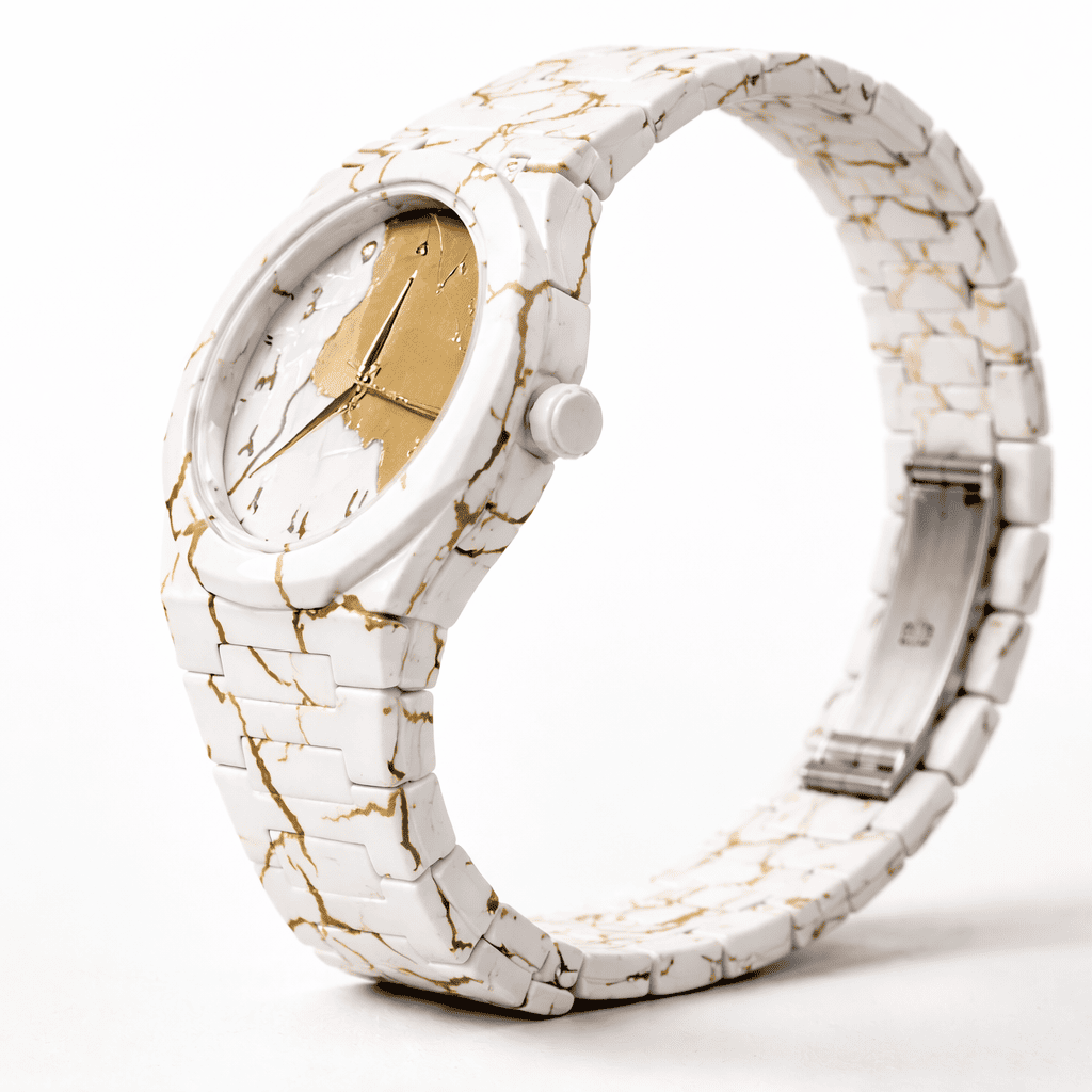 White Marble Gold Dial Watch with Gold-Veined Marble Strap