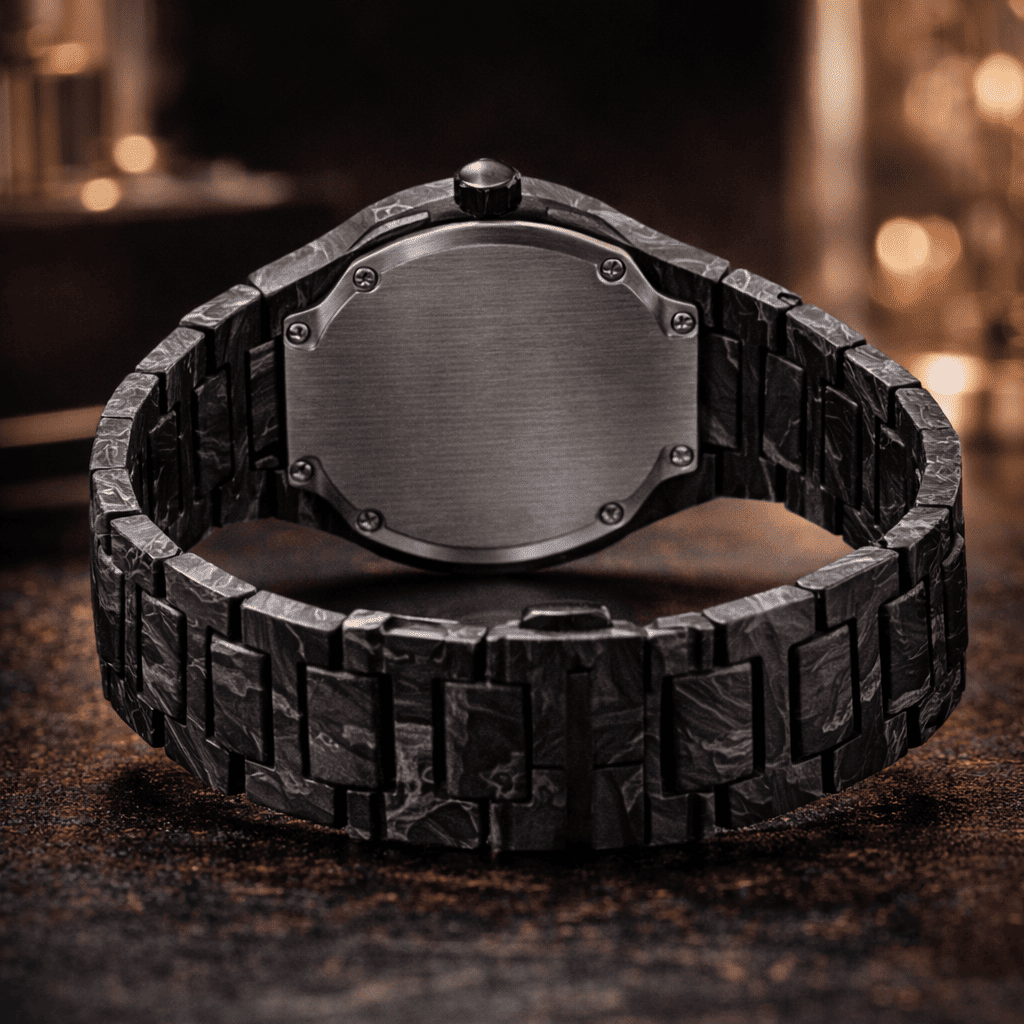 Midnight Black Marble Watch with Black Patterned Strap