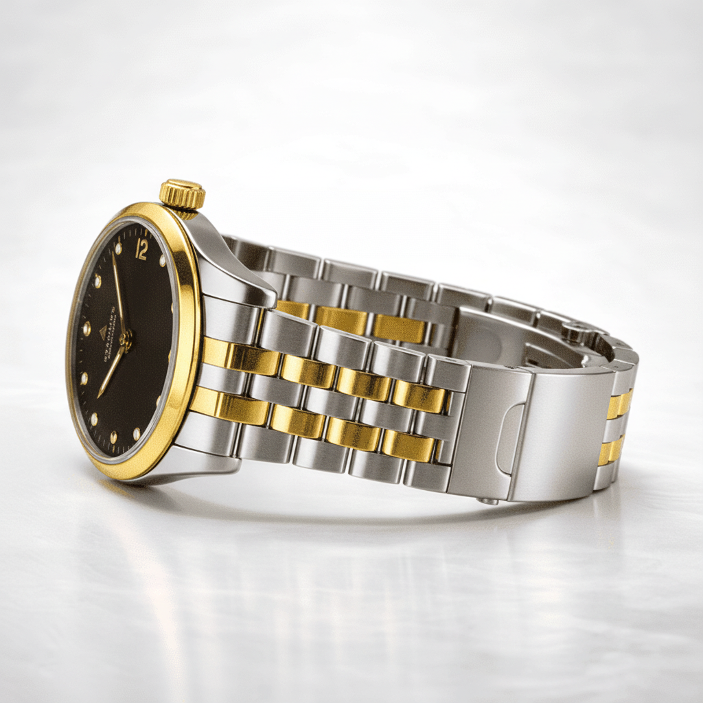 Movado Museum Classic Diamonds Black Dial Two Tone Steel Strap Watch For Men